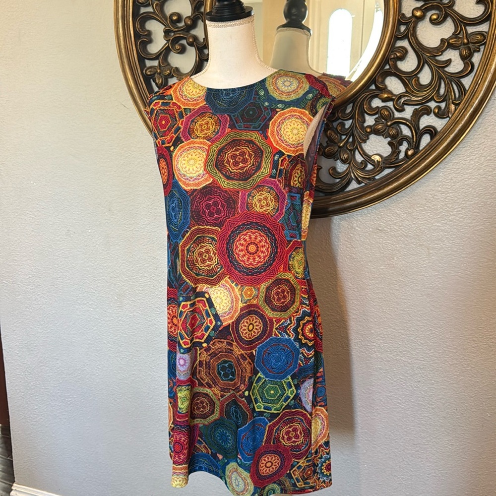 Amazing colorful sheath dress multicolor mandala pattern. Stretchy lightweight